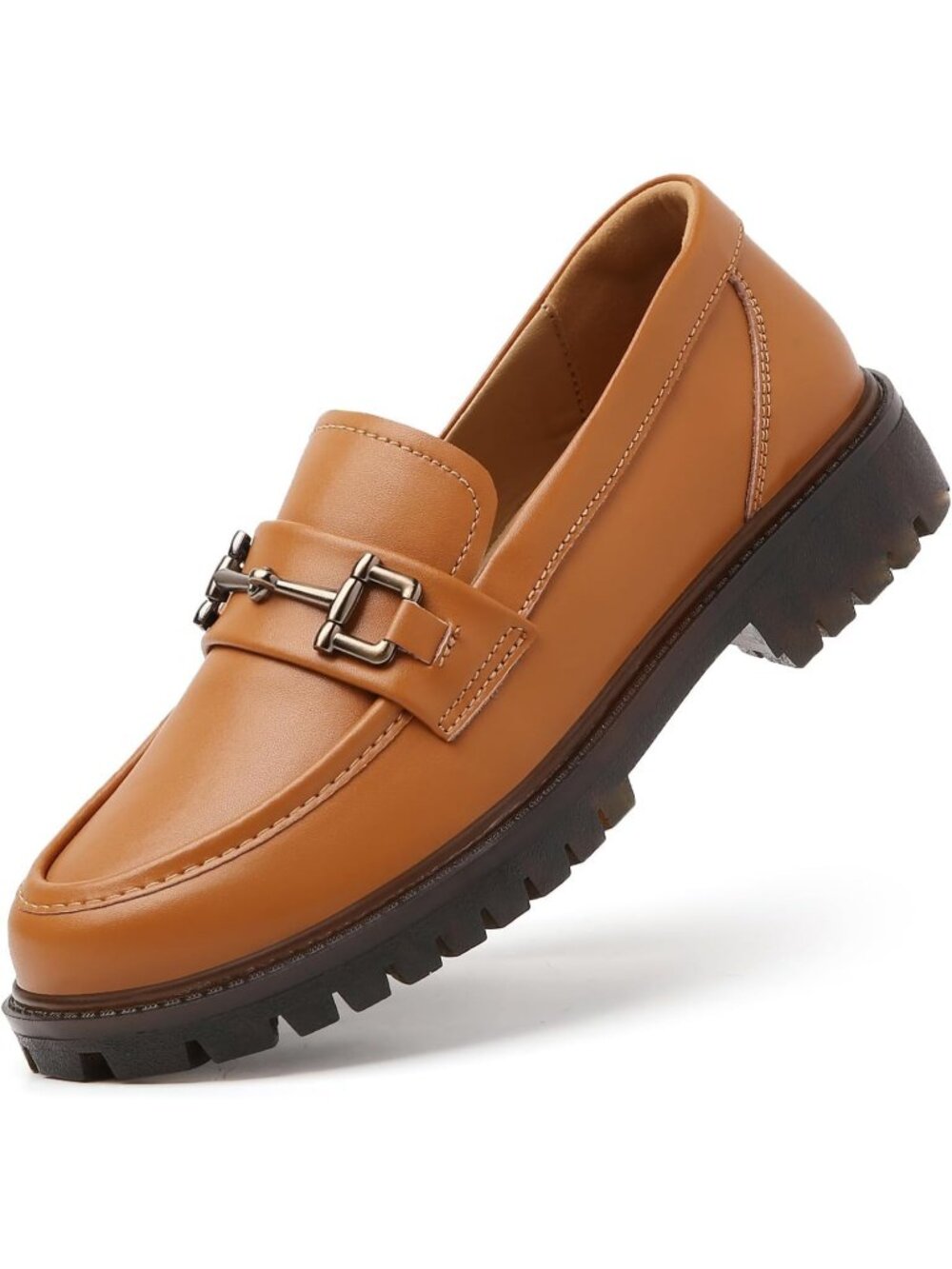 Women's Brown Leather Low Block Heel Casual Penny Loafers Imported Slip On Shoes